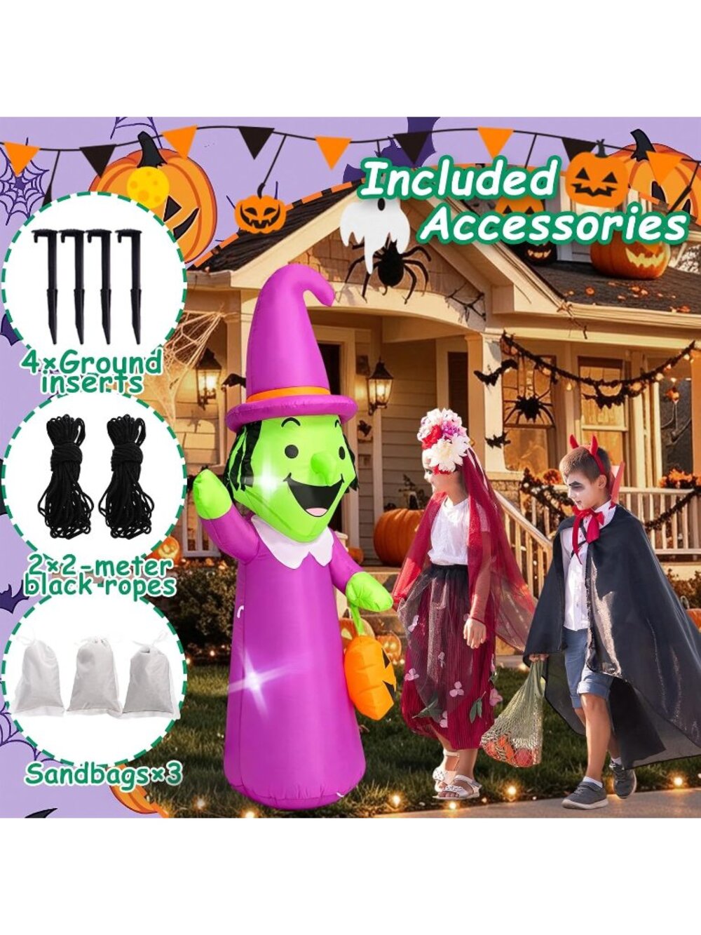 🎃 5 FT Witch Pumpkin Halloween Inflatable Outdoor Yard Decor Built-In LED Light - Picture 4 of 7